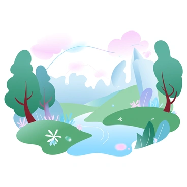 A vibrant digital landscape features a blend of natural and technological elements. In the foreground, a lush green valley is dotted with colorful flowers and plants. Towering trees with curved branches stretch towards the sky, their leaves forming a dense canopy. In the background, a series of sleek, modern structures rise up, seamlessly integrating with the surrounding landscape. The buildings have smooth surfaces and organic shapes, resembling natural forms. A gentle river flows through the valley, reflecting the gradient pastel colors of the sky, which transitions from soft pinks to light blues. Thin, luminous lines course through the landscape, symbolizing the connection between nature and technology.