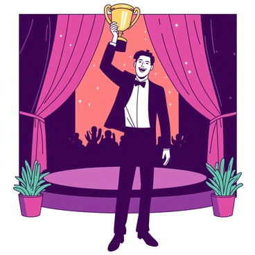 A lead actor receiving an award on stage with a backdrop of shimmering curtains