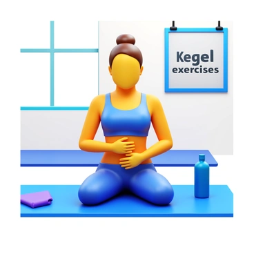 A focused athlete performing Kegel exercises as part of their training routine. The athlete is dressed in a form-fitting workout outfit, with a water bottle and towel nearby. The setting is a bright gym with exercise mats on the floor. The athlete is in a seated position, demonstrating concentration while engaging their core muscles. Subtle movement highlights their commitment to fitness and strength. "Kegel exercises" is displayed on a wall-mounted motivational poster in the background.