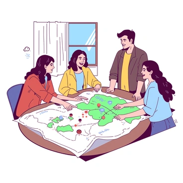 A group of friends is gathered around a large, detailed map spread out on a wooden table. They are pointing at various locations, their faces expressing excitement and enthusiasm. One friend is standing a few steps back, arms crossed, with a slight frown on their face, watching the group with a sense of envy. The map is filled with colorful markings and annotations, showing potential travel routes and destinations. Sunlight filters through a nearby window, casting soft shadows around the scene.