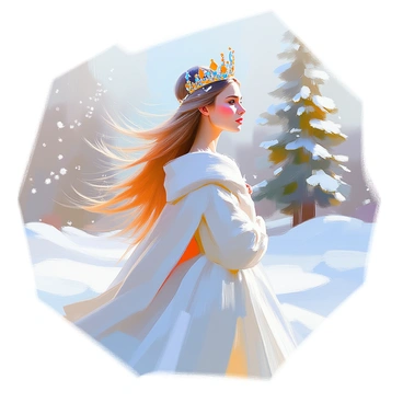 A regal queen with long flowing hair adorned with a crown that shines brightly, decorated with delicate icicles. She is wearing a luxurious gown made of white and silver fabrics, which billows elegantly in the cold wind. The snowy landscape surrounds her, with soft snowflakes gently falling from the sky. In the background, there are tall pine trees dusted with snow, creating a tranquil winter scene. The ground is covered in a thick layer of pristine white snow, adding to the serene atmosphere.