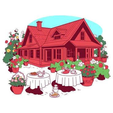 A red charming bed and breakfast inn is surrounded by lush, blooming gardens filled with vibrant flowers in various colors. In front of the inn, there are several small round tables set up outside, each adorned with white tablecloths. There are delicate tea sets on the tables, complete with steaming cups of tea and a selection of pastries on decorative plates. Flowers in containers line the pathway leading to the inn, adding to the picturesque scene. The sky above is clear, enhancing the inviting atmosphere of the setting.