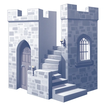 A stone staircase winding upward within a medieval castle tower. The staircase is composed of rough-hewn stones, each step showing signs of wear and weathering. Tall, narrow windows are set into the tower walls, allowing slivers of light to illuminate the stone surfaces. The walls are adorned with faded tapestries and iron sconces holding flickering candles. At the top of the staircase, a heavy wooden door stands closed, its surface marked with intricate carvings and metal fittings. The atmosphere is one of age and history, as shadows dance along the stone surfaces.