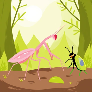 An orchid mantis with delicate pink and white patterns on its body is positioned on a bed of brown leaves and green moss on the forest floor. The mantis is gracefully reaching out with its slender legs towards a shiny, iridescent green beetle that is nearby. The beetle is reflecting light, showing off its glossy surface, while the sunlight filters through the trees, casting soft, dappled shadows around them. Small twigs and vibrant ferns surround the scene, adding to the rich detail of the forest environment.
