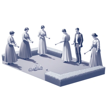 A Victorian-era family is gathered on a perfectly manicured lawn. The scene features several individuals dressed in traditional Victorian attire, including women in long, flowing dresses with intricate details and men in tailored suits with waistcoats. The family members are engaged in a game of croquet, with some holding mallets and aiming for wooden balls positioned on the grass. Nearby, a decorative croquet set rests on the ground, showcasing the mallets and hoops. The lawn is surrounded by neatly trimmed hedges and meticulously placed flower beds, enhancing the elegance of the setting. The atmosphere conveys a sense of leisure and enjoyment as the family interacts and plays together.