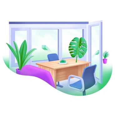 A modern pastel illustration of an eco-friendly office space. The office has large windows allowing abundant natural light to flood the room. Lush green plants of various sizes are placed around the space, including a tall fiddle leaf fig in one corner and small succulents on the desks. Desks are made of reclaimed wood and feature minimalistic design with ergonomic chairs. A bright, airy atmosphere is created through light-colored walls and soft furnishings, enhancing the natural feel of the environment.