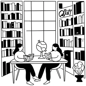 A spacious library filled with tall shelves lined with numerous books. Two sisters are seated at a large wooden table, absorbed in their reading, with open books in front of them. One sister is reaching up to pull a book from a high shelf, while the other is turning the pages of her book. Soft light filters through tall windows, illuminating the dust motes in the air. A large globe sits in one corner of the room, and various plants are placed on the windowsills. "Quiet" is written in elegant letters on a sign hanging on the wall.