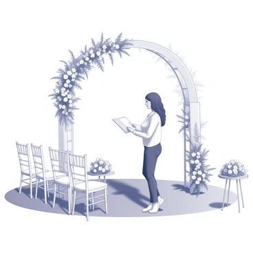 An event planner is setting up an outdoor wedding scene. The planner is standing in front of a white arch, decorated with an array of floral elements. The arch is adorned with various flowers, creating a lush and inviting setting. The ground is covered with a green lawn, and white chairs are arranged in neat rows facing the arch. There are small tables nearby, each featuring elegant centerpieces made of flowers. The sky is clear, providing a perfect backdrop for the wedding ceremony.
