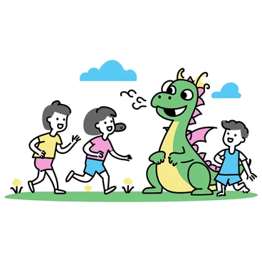 A cheerful dragon with brightly colored scales, including shades of green, blue, and red, is playfully interacting with several children in a green meadow. The dragon has large, friendly eyes and a big smile. The children, three in total, are wearing casual summer clothes; one is in a yellow t-shirt and shorts, another in a red dress, and the third in a blue tank top. They are laughing and running around the dragon, who is playfully blowing small puffs of smoke into the air. The meadow is dotted with colorful wildflowers, and there are a few fluffy clouds in the bright blue sky above.