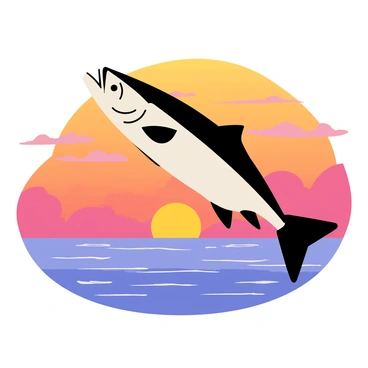 A silhouette of a tarpon jumping out of the water. The tarpon's elongated body is arched in a dynamic pose with its fins extended. The background features a vibrant sunset with shades of orange, pink, and purple blending together in the sky. The water below reflects the sunset colors, creating a shimmering effect. The scene conveys a sense of motion and energy as the tarpon leaps into the air.