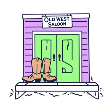 A rustic matchbook design features the exterior of an Old West saloon. The saloon is characterized by swinging wooden doors that are slightly ajar, revealing a glimpse of the interior. Above the doors, a sign hangs with the words "Old West Saloon" inscribed. In front of the building, a pair of brown cowboy boots with detailed stitching is positioned, relaxed on the wooden planks of the porch. Dust swirls around the boots, hinting at the dry atmosphere of the Old West. The overall design reflects the charm and character of the era.