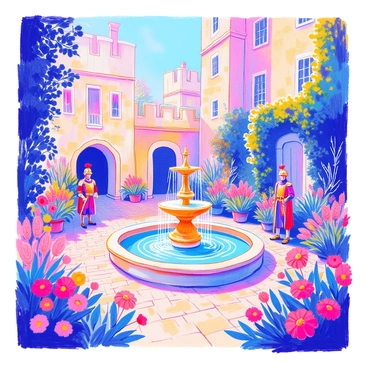 A castle courtyard is depicted with a central fountain that has water gracefully cascading down. Surrounding the fountain are various blooming flowers in vibrant colors, adding beauty to the scene. Stone walls of the castle rise in the background with ivy climbing up their sides. Two soldiers in polished armor stand on guard, looking vigilant. The ground is paved with cobblestones, and soft rays of sunlight illuminate the entire space, enhancing the tranquility of the courtyard.
