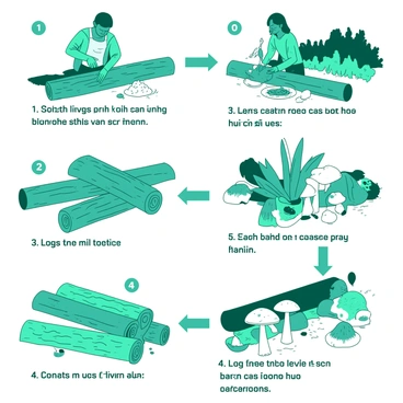 A teal illustrated step-by-step guide depicting the cultivation of shiitake mushrooms. The first step shows a farmer selecting a log and drilling holes into it, with a small pile of sawdust nearby. The second step illustrates the farmer inserting shiitake mushroom spawn into the drilled holes. In the third step, the logs are placed in a shaded area, surrounded by greenery. The fourth step reveals the logs after a few weeks, covered with white mycelium. The final step presents mature shiitake mushrooms growing from the logs, with a close-up of the colorful mushrooms against a contrasting background. Each step is numbered and labeled clearly, creating a comprehensive visual guide.