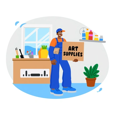 A courier wearing a bright blue uniform is standing at the entrance of a cozy home studio. The courier holds a large, rectangular package labeled "Art Supplies" in bold letters. The studio is filled with various art tools, including paintbrushes, canvases, and colorful tubes of paint neatly arranged on a shelf. A welcoming potted plant sits beside the door, and natural light pours in through a large window, casting soft shadows in the room. The scene conveys a sense of creativity and passion for art.