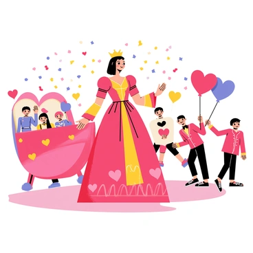 The "queen of hearts" is wearing an elaborate red and gold gown adorned with heart patterns, standing confidently at the front of the parade. Surrounding her are vibrant heart-themed floats decorated with large red, pink, and purple hearts. Cheerful characters, including animated card guards and playful heart-shaped balloons, are marching alongside her, all with bright smiles. Colorful confetti falls from the sky, adding to the festive atmosphere of the parade.