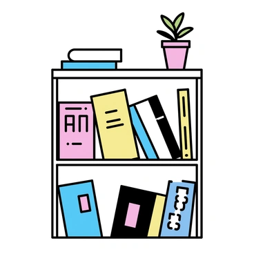 A wooden bookshelf, standing against a plain wall, filled with various art books. The books are arranged neatly, showcasing covers in a spectrum of colors, featuring titles and images related to different genres and styles of art. Some books are tall and slim, while others are short and wide, creating a visually interesting composition. A small potted plant sits on top of the shelf, adding a touch of green to the scene.