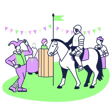 A jester with a colorful outfit is playfully imitating a knight in armor during a jousting tournament. The jester stands on the grass, striking a pose with one hand on his hip and the other raised in a mock salute. He wears a hat with bells that jingles as he moves. Next to him, a knight in shining armor is mounted on a horse, holding a lance aimed towards a wooden target. The jousting arena is surrounded by spectators in medieval attire, some laughing at the jester's antics. In the background, colorful banners fly high, adding to the festive atmosphere of the tournament.