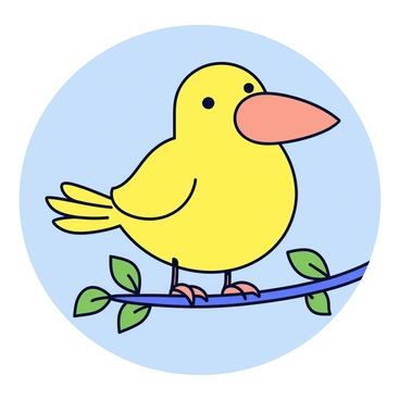 A cartoon bird with bright yellow feathers is perched on a branch. The bird has a large beak that humorously resembles a human nose, complete with nostrils and a defined bridge. Its wide eyes are full of expression, and it has a cheerful posture. The branch is adorned with small green leaves, and the background is a clear, blue sky.