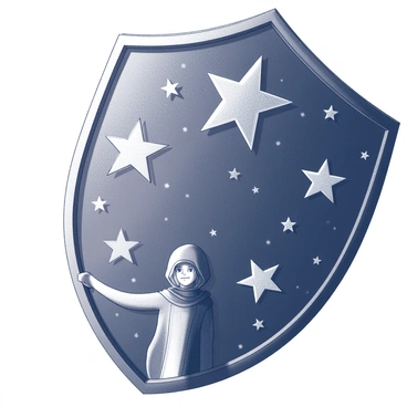 A shield composed of numerous stars, each twinkling brightly against the dark backdrop. The shield takes on a rounded shape, enveloping a lone wanderer who stands beneath it. The wanderer is dressed in a cloak that flows gently in the night air, with their face partially obscured by a hood. Their posture is confident, as they gaze upwards, shielded by the celestial barrier. The scene conveys a sense of solitude and protection in the vastness of the night sky filled with countless stars.
