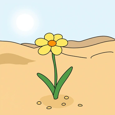 A vibrant single flower with bright yellow petals and a delicate green stem is blooming in the sandy desert landscape. The flower stands out against the light brown sand, surrounded by small pebbles. The sun is shining brightly above, casting soft shadows around the flower, highlighting its beauty. In the background, there are distant rolling dunes, creating a sense of depth in the scene. The atmosphere is clear, emphasizing the flower's resilience in the arid environment.