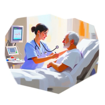 A nurse with medium skin tone and dark hair is attentively checking a patient's heart rate using a stethoscope. She is wearing blue scrubs and a name badge. The patient, an elderly man with gray hair, is sitting on a hospital bed, looking relaxed. The hospital room features medical equipment such as a monitor displaying vital signs, a bedside table with medical supplies, and a window allowing soft light to enter the space.