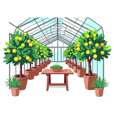 An old orangery features a high glass ceiling that allows sunlight to filter through, creating a bright atmosphere. Inside, there are several vibrant citrus trees, including orange and lemon trees, their branches heavy with ripe fruit. The trees are planted in large, terracotta pots that line the edges of the space. A few lush green plants are positioned around the base of the trees, adding to the verdant scene. In the center, there is a rustic wooden table, adorned with small potted herbs, enhancing the organic feel of the orangery.