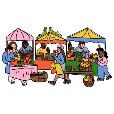 A lively farmers market with several colorful stalls. Each stall is brimming with fresh produce such as bright red tomatoes, vibrant green cucumbers, and golden bell peppers. There are baskets filled with various fruits, including apples, oranges, and berries. Handmade goods like woven baskets and artisanal bread can be seen on tables. People of various ethnicities are walking around, engaging with the vendors, and sampling the fresh products. A sunny day casts a warm light over the scene, enhancing the colors of the produce and the decorations around the market.