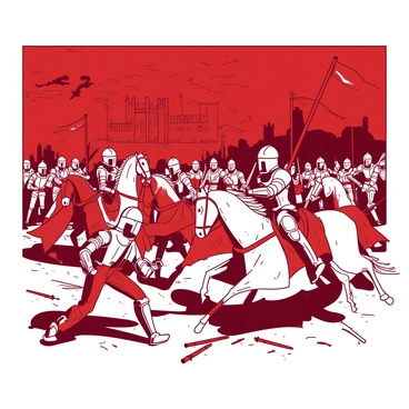 A red background depicts a chaotic historical battle scene featuring armored knights in shining silver armor engaged in combat. Some knights are on powerful white horses, charging forward with banners flying high. In the foreground, two knights are locked in fierce combat, their swords clashing with sparks flying. The ground is a mix of dirt and scattered weapons, with knights on foot attempting to rally their comrades. In the distance, a large castle looms under a stormy sky, adding to the tension of the scene.