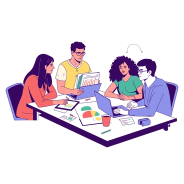 A group of five office workers is gathered around a large rectangular table, intently reviewing project proposals. The workers are diverse in gender and ethnicity, with two women and three men. One woman, with long black hair, is holding a stack of colorful paper proposals, while a man with short brown hair is typing notes on a laptop. Another woman with curly hair is pointing at a chart displayed on a tablet in front of her. A man with glasses is leaning forward, listening attentively, while the last man, with short blonde hair, is writing on a notepad. The table is cluttered with pens, coffee mugs, and documents, creating a busy but collaborative atmosphere.
