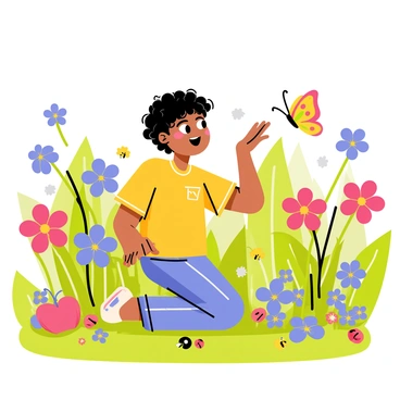A toddler with curly hair wearing a bright yellow shirt is kneeling in a lush garden. The garden is filled with vibrant flowers in shades of red, blue, and purple, each blooming in a variety of shapes. The toddler is reaching out towards a butterfly with colorful wings hovering nearby. Various insects, such as ladybugs and bees, are visible among the flowers. Sunlight filters through the leaves, casting dappled shadows on the ground. The child's face is lit up with joy and curiosity as they explore this lively natural environment.