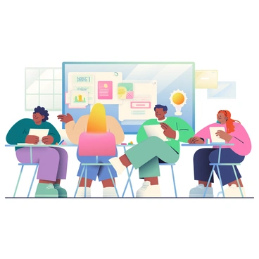 A group of five diverse students is sitting at their individual desks in a virtual classroom. Each student has a unique appearance: one has curly black hair, another has straight blond hair, a third has short brown hair, the fourth has long red hair, and the fifth has braided hair. They are all focused on their laptops, with large illustrations displayed on their screens. One student is raising their hand to ask a question, while another is taking notes on a notepad with colorful pens scattered around. The background features a large digital whiteboard with various illustration techniques displayed, and soft, natural light is coming from their windows, creating a warm atmosphere.
