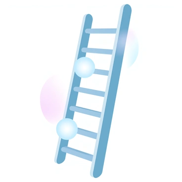 A ladder-like structure made of clear, glowing material is positioned vertically. Each rung of the ladder represents a different energy level, with small orbs symbolizing electrons on various rungs. The electrons are depicted as bright spheres with a soft, radiant glow, illustrating their movement upward to higher energy levels. The background is a smooth gradient of pastel colors, enhancing the futuristic look of the structure. The overall composition focuses on the dynamic ascent of the electrons along the ladder.