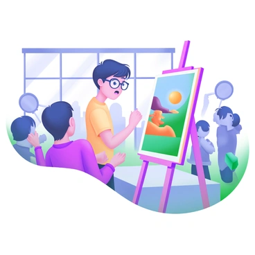A modern pastel illustration depicting a young illustrator with short, dark hair and glasses, nervously standing beside an easel. The easel holds a vibrant piece of artwork featuring a colorful landscape. The setting is a bright, spacious auction room filled with people. Some attendees are raising their paddles to bid, while others are whispering amongst themselves. The illustrator's expression reflects a mix of excitement and anxiety, with their hands clasped together. Soft light filters through large windows, illuminating the scene and casting gentle shadows on the floor.