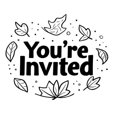 Words "You’re Invited" prominently displayed in the center of the image. Surrounding the text, various sizes of autumn leaves are swirling around, showcasing intricate details such as veins and edges. Some leaves are in mid-air, while others are gently resting on a surface below. The leaves display a variety of shapes, with some being elongated and others more rounded. The background features a subtle texture to enhance the overall composition.