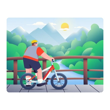 A mountain biker with a helmet and sunglasses is stopping on a wooden bridge. He has short brown hair and is wearing a red and gray cycling jersey and black shorts. His mountain bike, which has thick tires and a sturdy frame, is leaning against the railing of the bridge. The biker is looking down at a lush green valley filled with trees and a winding river. The sun is shining brightly, casting soft shadows on the bridge. In the background, majestic mountains rise, partially shrouded in clouds.