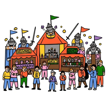 A bustling medieval fair scene filled with activity and excitement. There are knights in shining armor standing proudly, showcasing their swords and shields. Jesters in colorful outfits are performing tricks and entertaining the crowd with their antics. Various market stalls are lined up, showcasing treasures like hand-crafted jewelry, intricate pottery, and vibrant fabrics. People of different ages and backgrounds are mingling, some laughing and others admiring the goods for sale. The atmosphere is lively and vibrant, with colorful banners and flags fluttering in the air.