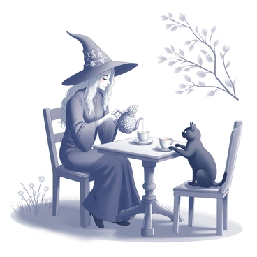 A witch sitting at a small wooden table, engaged in the act of pouring tea from an ornate teapot into a delicate teacup. She has a pointed hat and long flowing robes, with mystical symbols adorning her attire. Beside her on the table is a black cat, sitting upright, with its gaze fixed on the teacup. The scene is set outdoors, with sunlight streaming down and casting intricate shadows around them. Nearby, there are small flowers blooming, and a gentle breeze appears to sway the leaves of a nearby tree.