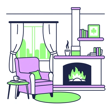 A cozy room features a crackling fireplace with flames visible and smoke gently rising from the chimney. In front of the fireplace, there is a comfortable armchair upholstered in soft fabric, positioned at an angle to face the fire. A small side table is placed next to the armchair, holding a steaming mug and an open book. The walls are adorned with shelves filled with books and a few framed pictures. A large window allows light to stream in, with sheer curtains partially drawn. A plush rug lies on the floor, adding warmth to the space.