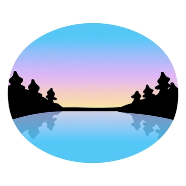 A minimalistic drawing of a landscape at twilight. The scene includes a calm lake that reflects the colors of the sky. The sky transitions from deep blue to soft lavender with hints of orange along the horizon. Silhouetted trees line the edges of the lake, adding a sense of symmetry to the composition. The water is smooth, showing a clear reflection of the vibrant sky above.