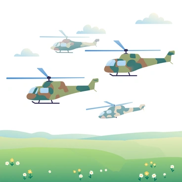 Multiple NH90 helicopters are flying in formation above a vast green field. The helicopters are painted in a camouflage pattern featuring various shades of green and brown. Below them, the field is dotted with wildflowers in yellow and white, creating a vibrant contrast with the lush grass. The sky above is a soft blue with a few wispy clouds, and the sunlight is casting gentle shadows on the ground from the flying helicopters. The scene captures the precision of the helicopters as they maintain their formation in the clear sky.