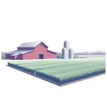 A farm field with a spacious expanse of land covered in lush green crops. In the background, there is a large red barn with a classic design, complete with a wide entry door and a small loft window. Flanking the barn are several tall silos, cylindrical in shape, standing prominently. The scene presents a clear view of the farm's agricultural landscape, showcasing rows of crops that stretch towards the horizon. The sky above is open and vast, complementing the rural setting.