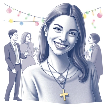 A close-up of a necklace featuring a lucky charm. The charm is detailed, showcasing intricate designs and symbols. The necklace rests against the skin of a person who is smiling, radiating joy and happiness in a festive atmosphere. In the background, blurred figures are celebrating, with the suggestion of colorful decorations and lights adding to the lively environment.