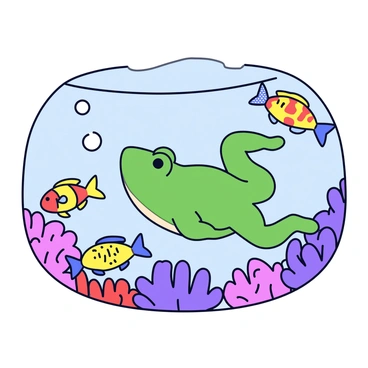 A green frog swimming gracefully underwater. The frog has smooth, glossy skin and elongated legs, creating a gentle ripple as it moves. Surrounding the frog are various vibrant fish with bright colors, such as orange, yellow, and blue, darting playfully in the water. Colorful coral reefs in shades of purple, pink, and red provide a lively backdrop, with intricate patterns and textures visible on each coral formation. Bubbles rise from the frog as it glides through this lively underwater scene.