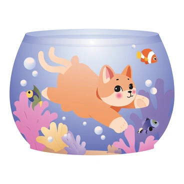 A cat swimming in clear blue water surrounded by a variety of colorful fish. The cat is a fluffy orange tabby, with its fur glistening in the sunlight filtering through the water's surface. Vibrant coral formations in shades of pink, purple, and yellow provide a stunning backdrop. Brightly colored fish, including a clownfish with orange and white stripes, a yellow tang, and a neon blue parrotfish, dart around the cat. Bubbles rise around the cat as it paddles through the water, creating a lively underwater scene filled with movement and color.