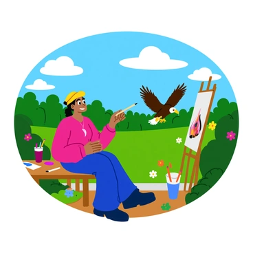 An artist sitting at an easel, focusing on a detailed illustration of a majestic eagle in flight. The eagle has impressive wings spread wide, showcasing intricate feather patterns. Surrounding the artist, there are various supplies like colored pencils and paints scattered on a wooden table. In the background, there is a vibrant scene of a lush forest, filled with greenery and colorful flowers, providing inspiration for the artist's work. The sky above is a bright blue with fluffy white clouds.