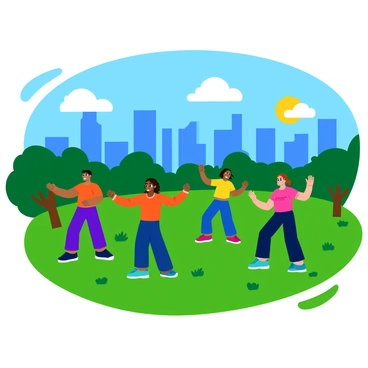 A diverse group of people, including individuals of different ethnicities and ages, is performing arm circles in a city park. They are dressed in colorful athletic wear and appear to be focused and energetic. The park is filled with green grass and a few scattered trees. In the distance, several tall skyscrapers rise against the sky, providing a modern urban backdrop. The sun is shining, casting bright light on the scene, and there are a few fluffy white clouds in the blue sky above.