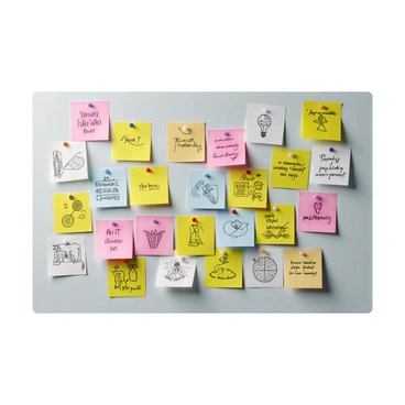 A wall filled with a variety of colorful sticky notes in different shapes and sizes, each note displaying handwritten messages and reminders. Interspersed among the sticky notes are sketches depicting various ideas and concepts, created with black ink and pencil. The wall has a textured surface, and the notes are slightly layered over one another, creating depth. Some notes are pinned with small pushpins, while others are just stuck directly on the wall. The overall scene conveys a sense of creativity and inspiration.