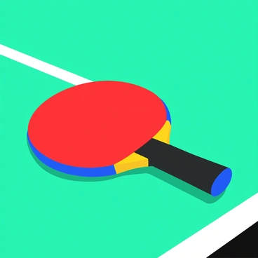 A close-up of a colorful table tennis racket featuring a red and blue design with vibrant patterns. The racket is resting on a bright green table. The texture of the table is smooth, and the sunlight creates subtle reflections on its surface. The edges of the racket are rounded, and the handle is a dark wood color, contrasting sharply with the lively colors of the racket face.