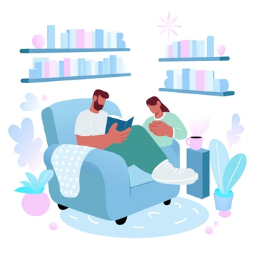 A cozy book nook features a person curled up on a plush armchair, immersed in reading a book. The chair is adorned with soft, patterned cushions and a knitted blanket draped over one arm. A small side table holds a steaming mug of tea beside an open book. Shelves filled with various books line the walls, and a warm, radiant light illuminates the space, creating an inviting atmosphere. A patterned rug lies beneath the chair, adding to the comfort of the scene. A few potted plants are positioned nearby, enhancing the cozy ambiance.