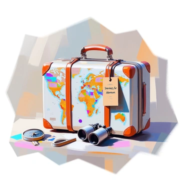 A vintage suitcase is prominently displayed, featuring a detailed world map design covering its surface. The suitcase is adorned with travel stickers from various countries, hinting at past journeys. Attached to the handle is a tag made of brown cardboard, clearly printed with the words "Savings for Adventure" in bold lettering. The suitcase is positioned against a backdrop of travel items, including a pair of old binoculars and a compass, evoking a sense of wanderlust. Sunlight casts gentle shadows, enhancing the textures of the suitcase and travel accessories.